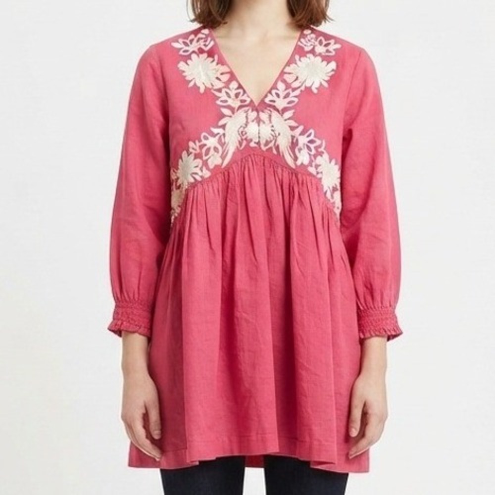 Utsa Tunic Top Womens Large Pink Embroidered Boho Babydoll V-Neck 3/4 Sleeve